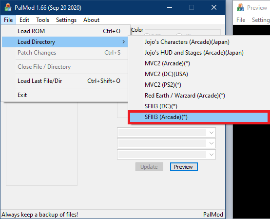 PalMod File menu with Load Directory > SFIII3 (Arcade) selected