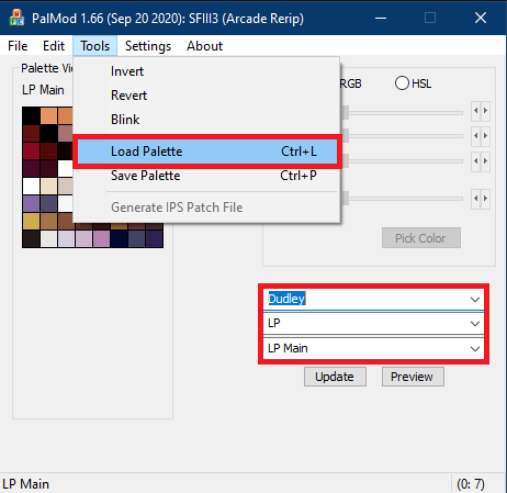 PalMod Tools menu with Load Palette selected, character and button dropdowns highlighted