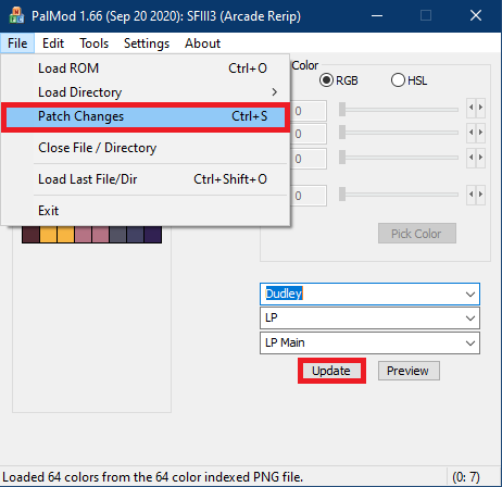 PalMod File menu with Patch Changes selected